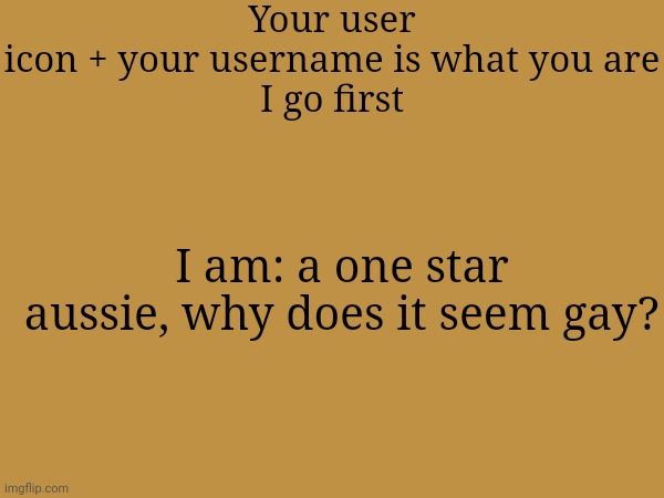 My icon: a star with rainbow behind it; my username: AustraliaMan | Your user icon + your username is what you are

I go first; I am: a one star aussie, why does it seem gay? | made w/ Imgflip meme maker