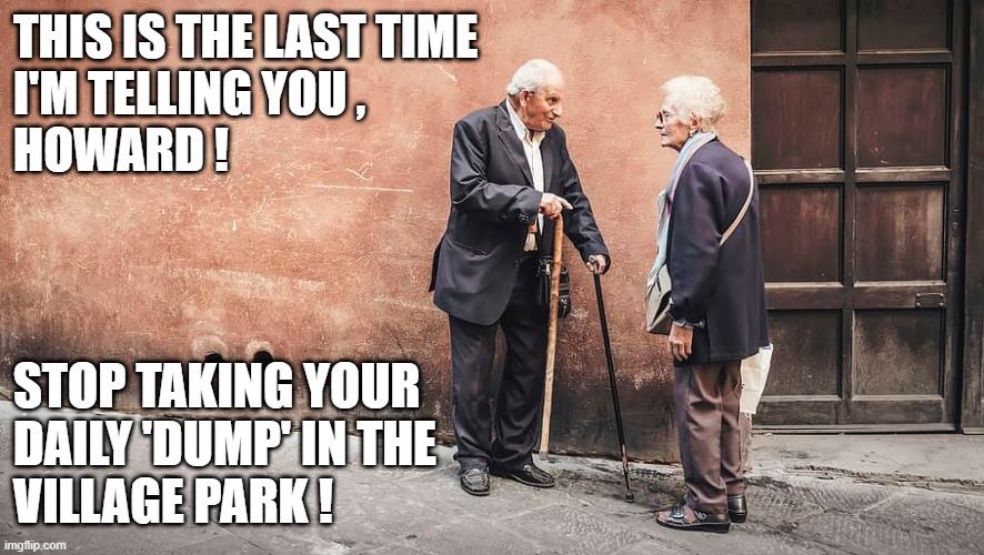 Daily "Dump" | THIS IS THE LAST TIME
I'M TELLING YOU ,  
HOWARD ! STOP TAKING YOUR 
DAILY 'DUMP' IN THE
VILLAGE PARK ! | image tagged in old people | made w/ Imgflip meme maker