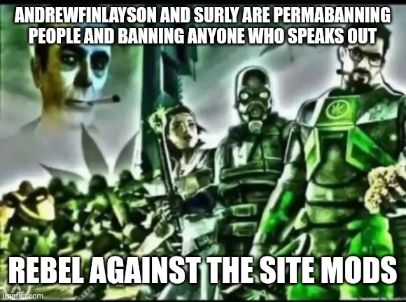 weed life 2 | ANDREWFINLAYSON AND SURLY ARE PERMABANNING PEOPLE AND BANNING ANYONE WHO SPEAKS OUT; REBEL AGAINST THE SITE MODS | image tagged in weed life 2 | made w/ Imgflip meme maker