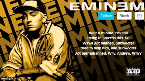 Eminem | Wait a minute, I'm still trying to process this. So Wawa got banned, Subwoofer tried to help him, and subwoofer got permabanned. Why, Andrew, Why? | image tagged in eminem | made w/ Imgflip meme maker