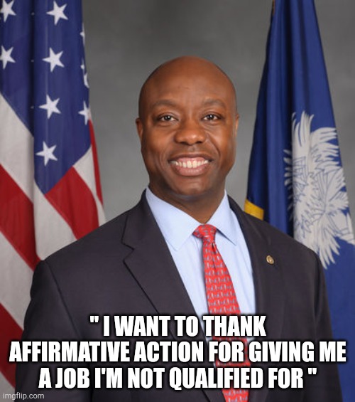 affirmative action hero | " I WANT TO THANK AFFIRMATIVE ACTION FOR GIVING ME A JOB I'M NOT QUALIFIED FOR " | image tagged in senator tim scott - american hero,affiem | made w/ Imgflip meme maker
