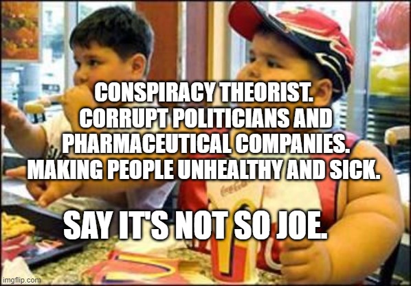 food! | CONSPIRACY THEORIST.  CORRUPT POLITICIANS AND PHARMACEUTICAL COMPANIES. MAKING PEOPLE UNHEALTHY AND SICK. SAY IT'S NOT SO JOE. | image tagged in food | made w/ Imgflip meme maker