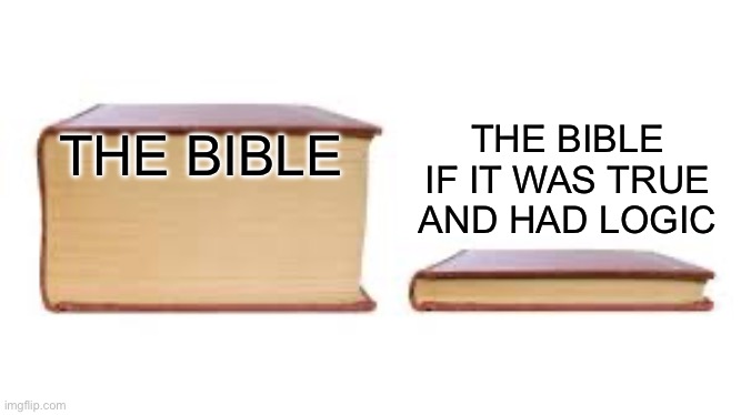 I’m an atheist. | THE BIBLE IF IT WAS TRUE AND HAD LOGIC; THE BIBLE | image tagged in big book small book | made w/ Imgflip meme maker
