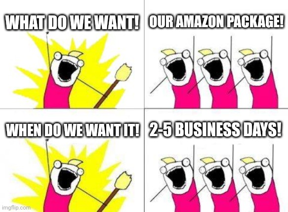 Bruh | WHAT DO WE WANT! OUR AMAZON PACKAGE! WHEN DO WE WANT IT! 2-5 BUSINESS DAYS! | image tagged in memes,what do we want | made w/ Imgflip meme maker