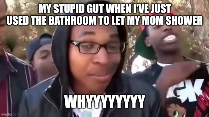 I'm bout to end this man's whole career | MY STUPID GUT WHEN I'VE JUST USED THE BATHROOM TO LET MY MOM SHOWER; WHYYYYYYYY | image tagged in i'm bout to end this man's whole career | made w/ Imgflip meme maker