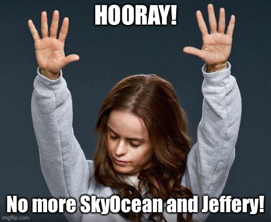Cheering! | HOORAY! No more SkyOcean and Jeffery! | image tagged in praise the lord | made w/ Imgflip meme maker