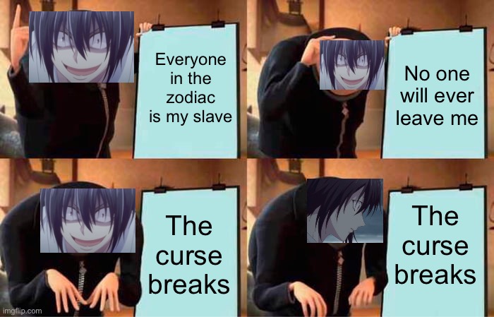 Grukito’s plan | Everyone in the zodiac is my slave; No one will ever leave me; The curse breaks; The curse breaks | image tagged in memes,gru's plan,akito sohma,anime,fruits basket | made w/ Imgflip meme maker