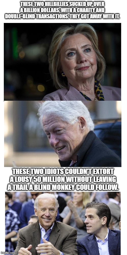 Government Corruption | THESE TWO HILLBILLIES SUCKED UP OVER A BILLION DOLLARS, WITH A CHARITY AND DOUBLE-BLIND TRANSACTIONS. THEY GOT AWAY WITH IT. THESE TWO IDIOTS COULDN'T EXTORT A LOUSY 50 MILLION WITHOUT LEAVING A TRAIL A BLIND MONKEY COULD FOLLOW. | image tagged in memes,clintons,bidens | made w/ Imgflip meme maker