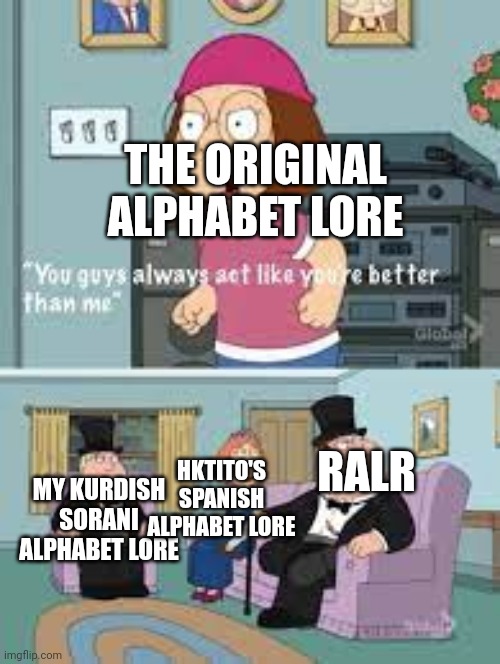 (mod note:The original one is a W [pun intended]) | THE ORIGINAL ALPHABET LORE; RALR; HKTITO'S SPANISH ALPHABET LORE; MY KURDISH SORANI ALPHABET LORE | image tagged in you act like your better than me | made w/ Imgflip meme maker