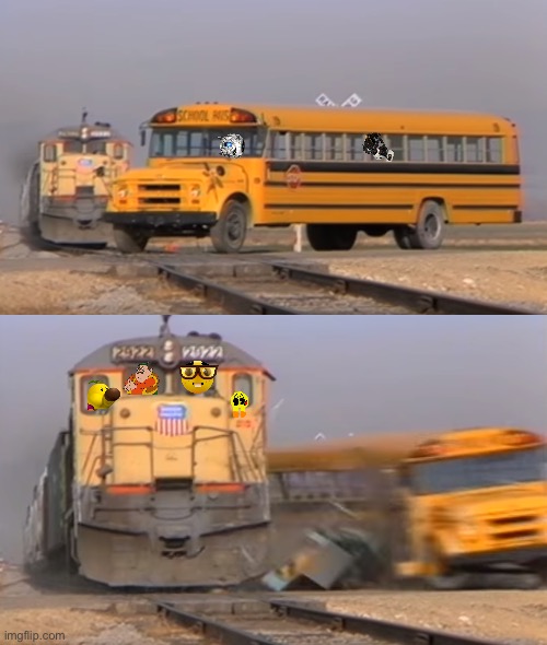 Wheatley tries to go to its home base but gets hit by team morshu’s train | image tagged in a train hitting a school bus | made w/ Imgflip meme maker