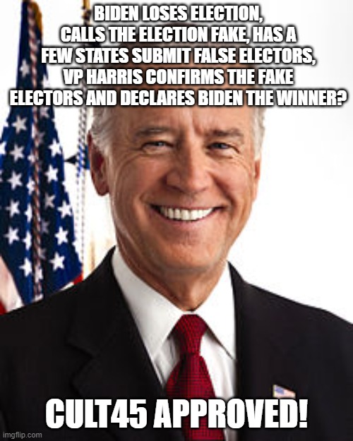 Joe Biden Meme | BIDEN LOSES ELECTION, CALLS THE ELECTION FAKE, HAS A FEW STATES SUBMIT FALSE ELECTORS, VP HARRIS CONFIRMS THE FAKE ELECTORS AND DECLARES BIDEN THE WINNER? CULT45 APPROVED! | image tagged in memes,joe biden | made w/ Imgflip meme maker