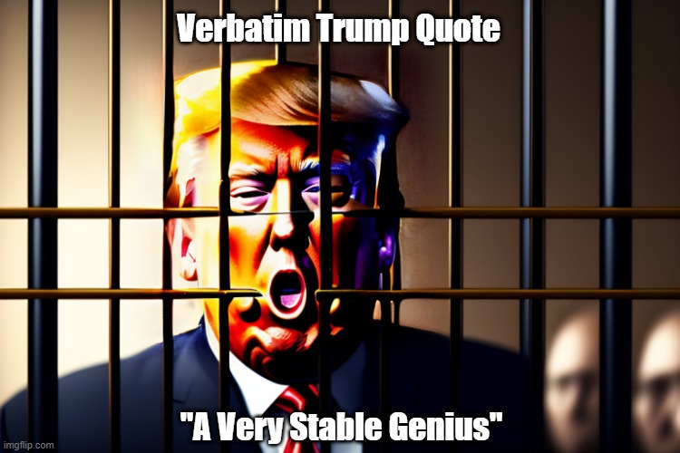 Verbatim Trump Quote | Verbatim Trump Quote; "A Very Stable Genius" | image tagged in stable genius,trump,behind bars,trump in prison | made w/ Imgflip meme maker