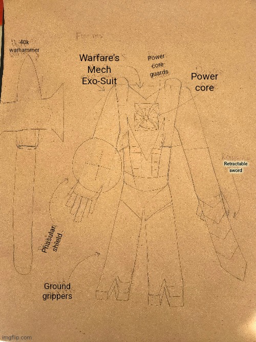 My latest drawing. This took big paper and a lot of erasing. | 40k warhammer; Power core guards; Warfare's Mech Exo-Suit; Power core; Retractable sword; Phasular shield; Ground grippers | made w/ Imgflip meme maker