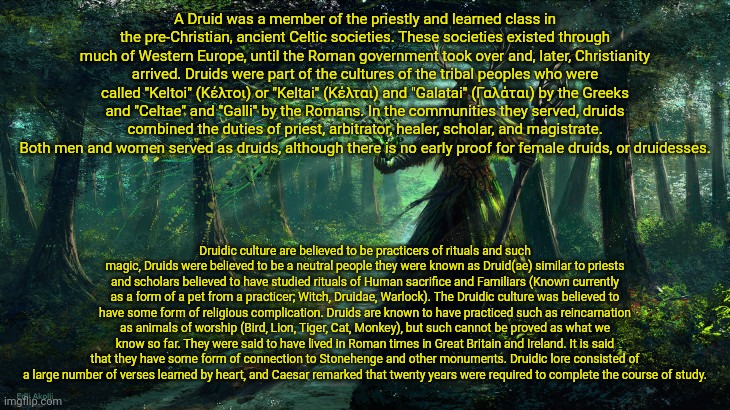 druids | A Druid was a member of the priestly and learned class in the pre-Christian, ancient Celtic societies. These societies existed through much  | image tagged in druids | made w/ Imgflip meme maker