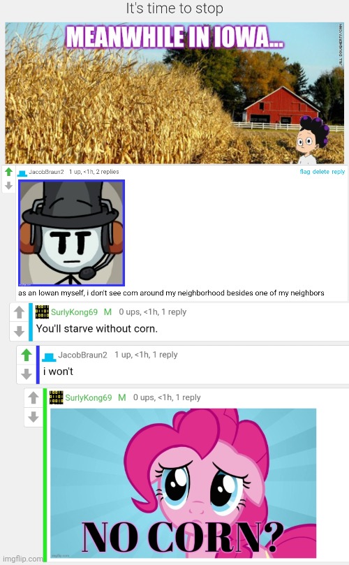 No more corn. | image tagged in corn,iowa,stop it get some help | made w/ Imgflip meme maker