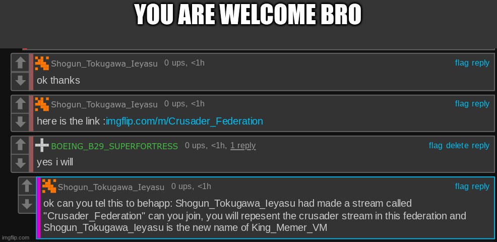 a | YOU ARE WELCOME BRO | image tagged in you're welcome | made w/ Imgflip meme maker