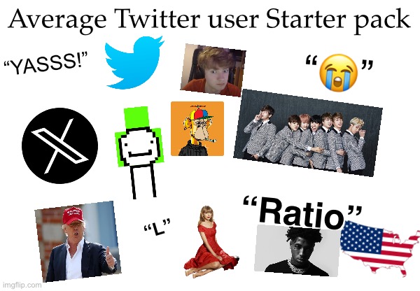 Twitter starter pack (mostly modern Twitter) | Average Twitter user Starter pack; “YASSS!”; “😭”; “Ratio”; “L” | image tagged in starter pack | made w/ Imgflip meme maker