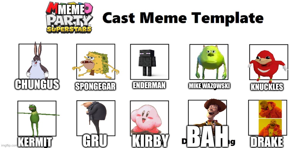 Mario party superstars Meme mod be like | MEME; ENDERMAN; MIKE WAZOWSKI; SPONGEGAR; KNUCKLES; CHUNGUS; BAH; KIRBY; GRU; DRAKE; KERMIT | image tagged in mario party superstars cast | made w/ Imgflip meme maker