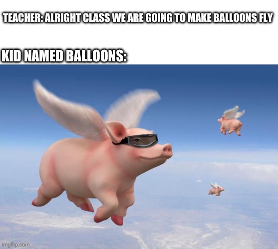 flying pigs | TEACHER: ALRIGHT CLASS WE ARE GOING TO MAKE BALLOONS FLY; KID NAMED BALLOONS: | image tagged in flying pigs,kid named | made w/ Imgflip meme maker