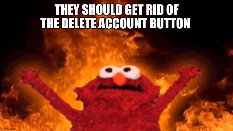 elmo fire | THEY SHOULD GET RID OF THE DELETE ACCOUNT BUTTON | image tagged in elmo fire | made w/ Imgflip meme maker