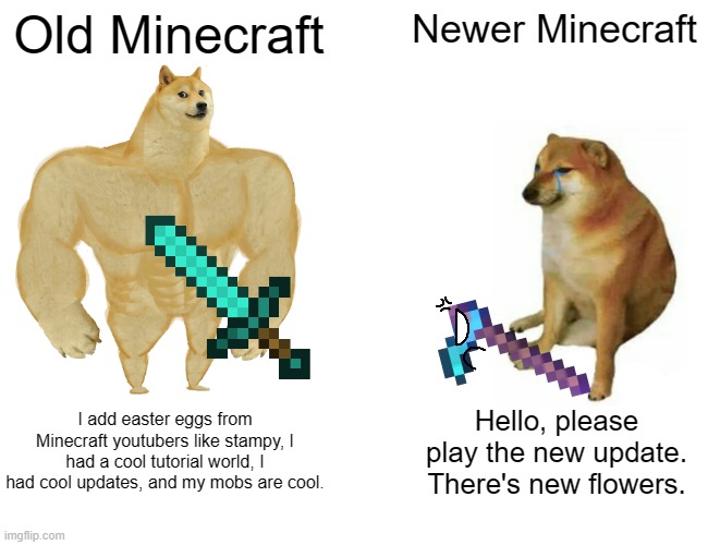 Literally Minecraft (Right Now): | Old Minecraft; Newer Minecraft; I add easter eggs from Minecraft youtubers like stampy, I had a cool tutorial world, I had cool updates, and my mobs are cool. Hello, please play the new update. There's new flowers. | image tagged in memes,buff doge vs cheems,minecraft | made w/ Imgflip meme maker