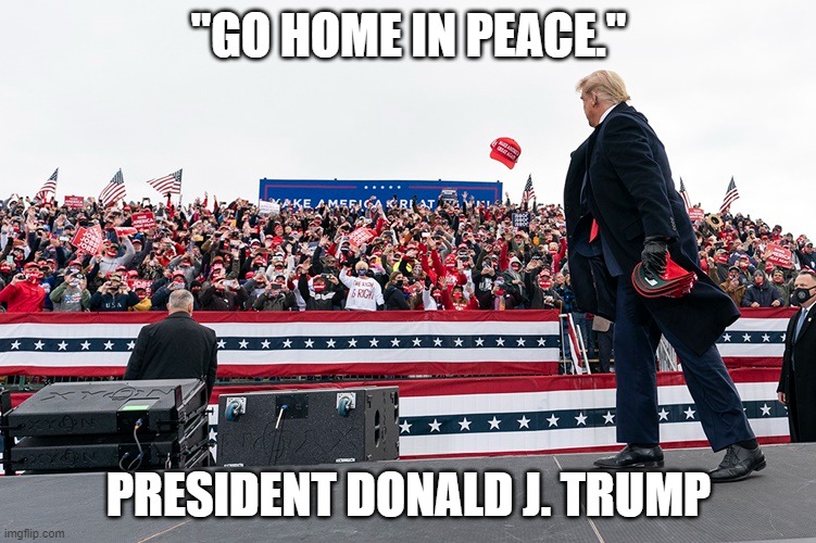 go in peace | "GO HOME IN PEACE."; PRESIDENT DONALD J. TRUMP | image tagged in trump go home peace | made w/ Imgflip meme maker