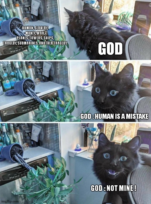 God trying to hide he created human | GOD; HUMAN, SLAVERY, MONEY, WAR, PLANES, TOWERS, SHIPS, TRAGEDY, SUBMARINES, ANOTHER TRAGEDY. GOD : HUMAN IS A MISTAKE; GOD : NOT MINE ! | image tagged in guilty cat,god,human stupidity,911,ocean gate,titanic | made w/ Imgflip meme maker
