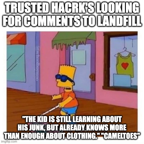 blind bart simpson | TRUSTED HACRK'S LOOKING FOR COMMENTS TO LANDFILL; "THE KID IS STILL LEARNING ABOUT HIS JUNK, BUT ALREADY KNOWS MORE THAN ENOUGH ABOUT CLOTHING." "CAMELTOES" | image tagged in blind bart simpson | made w/ Imgflip meme maker