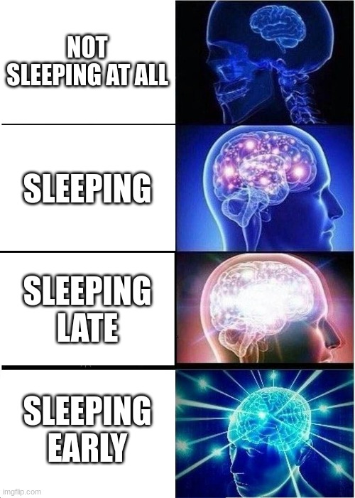 Expanding Brain Meme | NOT SLEEPING AT ALL; SLEEPING; SLEEPING LATE; SLEEPING EARLY | image tagged in memes,expanding brain | made w/ Imgflip meme maker