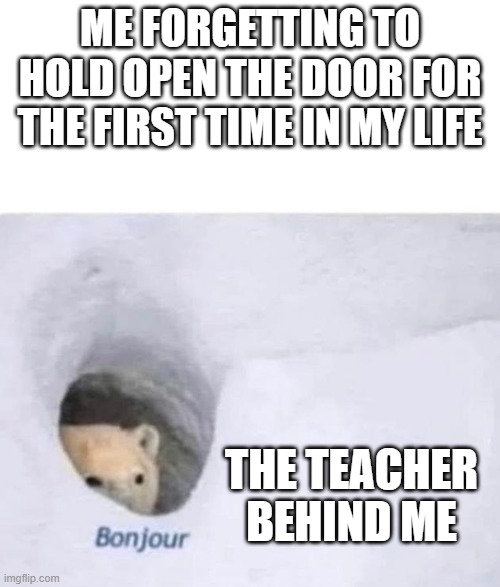 Bonjour | ME FORGETTING TO HOLD OPEN THE DOOR FOR THE FIRST TIME IN MY LIFE; THE TEACHER BEHIND ME | image tagged in bonjour | made w/ Imgflip meme maker