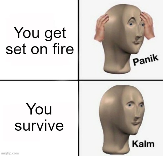 panik kalm | You get set on fire You survive | image tagged in panik kalm | made w/ Imgflip meme maker