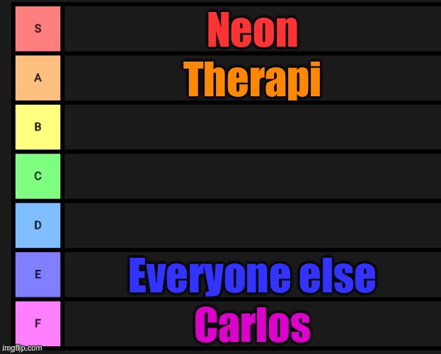 MSmg smash/pass tier list | Neon; Therapi; Everyone else; Carlos | image tagged in tier list | made w/ Imgflip meme maker