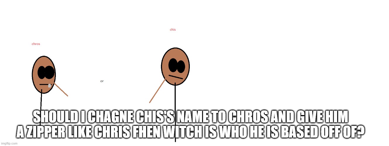 SHOULD I CHAGNE CHIS'S NAME TO CHROS AND GIVE HIM A ZIPPER LIKE CHRIS FHEN WITCH IS WHO HE IS BASED OFF OF? | made w/ Imgflip meme maker