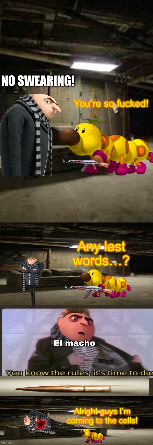 Part 5 (Wiggler’s PoV) | NO SWEARING! You’re so fucked! Any last words…? Alright guys I’m coming to the cells! | image tagged in basement | made w/ Imgflip meme maker