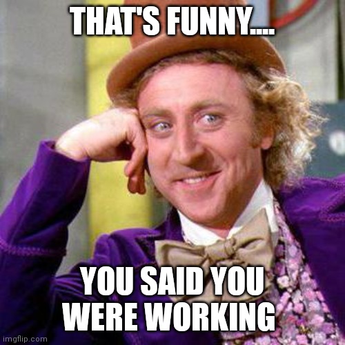 Willy Wonka Blank | THAT'S FUNNY.... YOU SAID YOU WERE WORKING | image tagged in willy wonka blank | made w/ Imgflip meme maker