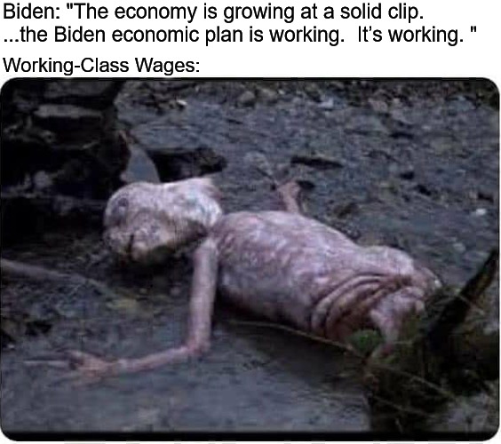 sick e.t. | Biden: "The economy is growing at a solid clip. ...the Biden economic plan is working.  It’s working. "; Working-Class Wages: | image tagged in sick e t,working class,wages,joe biden,economy,bidenomics | made w/ Imgflip meme maker