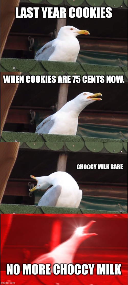 enrage at new school year | LAST YEAR COOKIES; WHEN COOKIES ARE 75 CENTS NOW. CHOCCY MILK RARE; NO MORE CHOCCY MILK | image tagged in memes,inhaling seagull | made w/ Imgflip meme maker