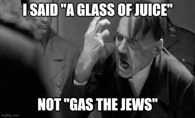 hitler | I SAID "A GLASS OF JUICE"; NOT "GAS THE JEWS" | image tagged in hitler | made w/ Imgflip meme maker