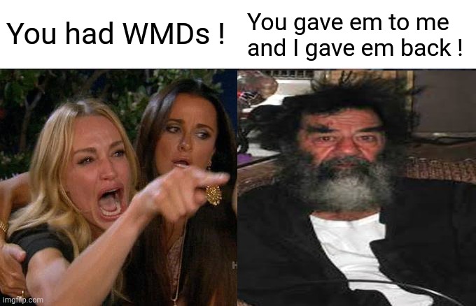 Woman Yelling At Cat Meme | You had WMDs ! You gave em to me and I gave em back ! | image tagged in memes,woman yelling at cat | made w/ Imgflip meme maker