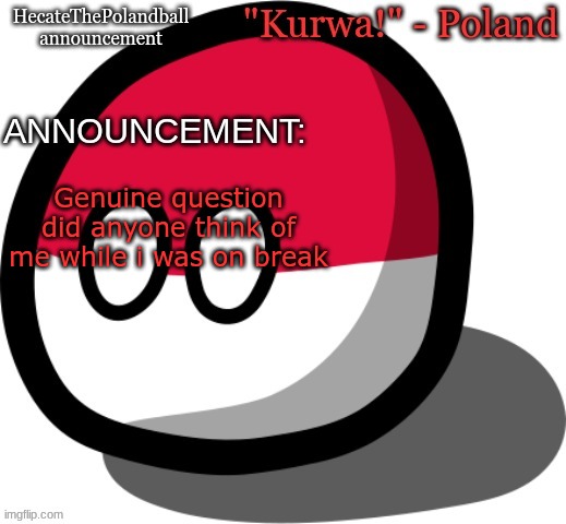 HecateThePolandball temp | Genuine question did anyone think of me while i was on break | image tagged in hecatethepolandball temp | made w/ Imgflip meme maker