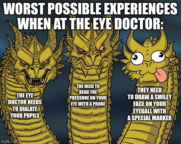 They need to draw a what on my eye??? | WORST POSSIBLE EXPERIENCES WHEN AT THE EYE DOCTOR:; THE NEED TO READ THE PRESSURE ON YOUR EYE WITH A PROBE; THEY NEED TO DRAW A SMILEY FACE ON YOUR EYEBALL WITH A SPECIAL MARKER; THE EYE DOCTOR NEEDS TO DIALATE YOUR PUPILS | image tagged in three-headed dragon | made w/ Imgflip meme maker