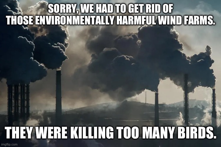 SORRY, WE HAD TO GET RID OF THOSE ENVIRONMENTALLY HARMFUL WIND FARMS. THEY WERE KILLING TOO MANY BIRDS. | made w/ Imgflip meme maker