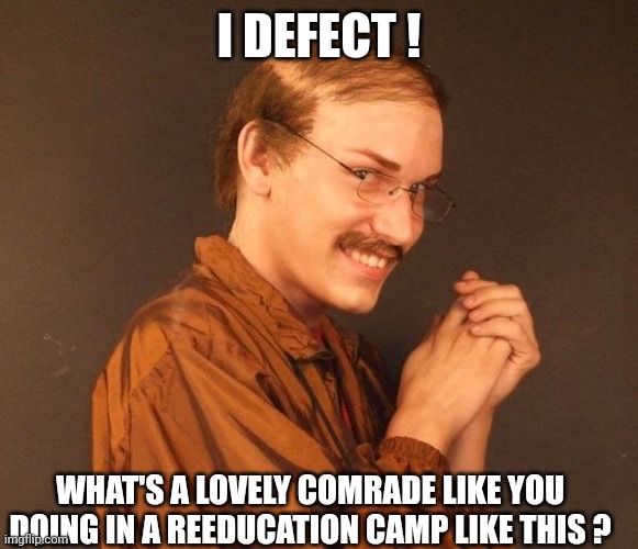 Creepy guy | I DEFECT ! WHAT'S A LOVELY COMRADE LIKE YOU DOING IN A REEDUCATION CAMP LIKE THIS ? | image tagged in creepy guy | made w/ Imgflip meme maker