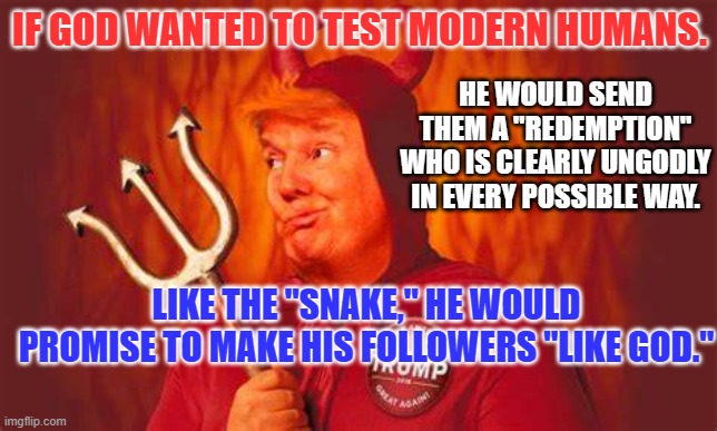 You will be judged by who your "Free Will" has you follow. | IF GOD WANTED TO TEST MODERN HUMANS. HE WOULD SEND THEM A "REDEMPTION" WHO IS CLEARLY UNGODLY IN EVERY POSSIBLE WAY. LIKE THE "SNAKE," HE WOULD PROMISE TO MAKE HIS FOLLOWERS "LIKE GOD." | image tagged in politics | made w/ Imgflip meme maker
