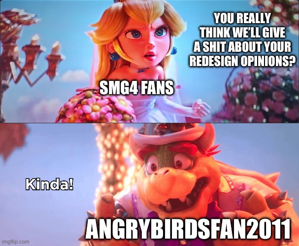 SMG4 fans with AngryBirdsFan2011: | YOU REALLY THINK WE’LL GIVE A SHIT ABOUT YOUR REDESIGN OPINIONS? SMG4 FANS; ANGRYBIRDSFAN2011 | image tagged in kinda,smg4 | made w/ Imgflip meme maker