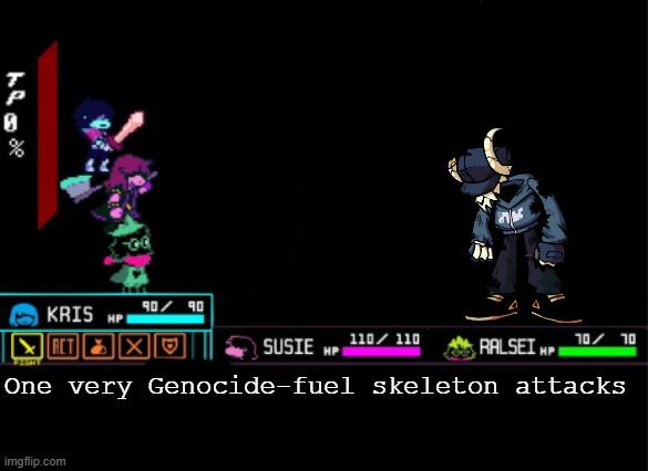 Sans would not like this skeleton | One very Genocide-fuel skeleton attacks | image tagged in blank deltarune battle,tabi fnf | made w/ Imgflip meme maker