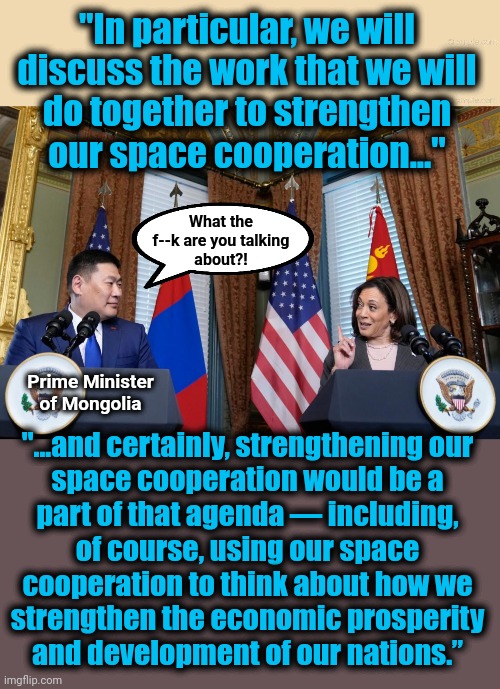 The democrats' best and brightest is totally spaced out | "In particular, we will
discuss the work that we will
do together to strengthen
our space cooperation..."; What the
f--k are you talking
about?! Prime Minister
of Mongolia; "...and certainly, strengthening our
space cooperation would be a
part of that agenda — including,
of course, using our space
cooperation to think about how we
strengthen the economic prosperity
and development of our nations.” | image tagged in memes,kamala harris,space cooperation,democrats,joe biden,incompetence | made w/ Imgflip meme maker