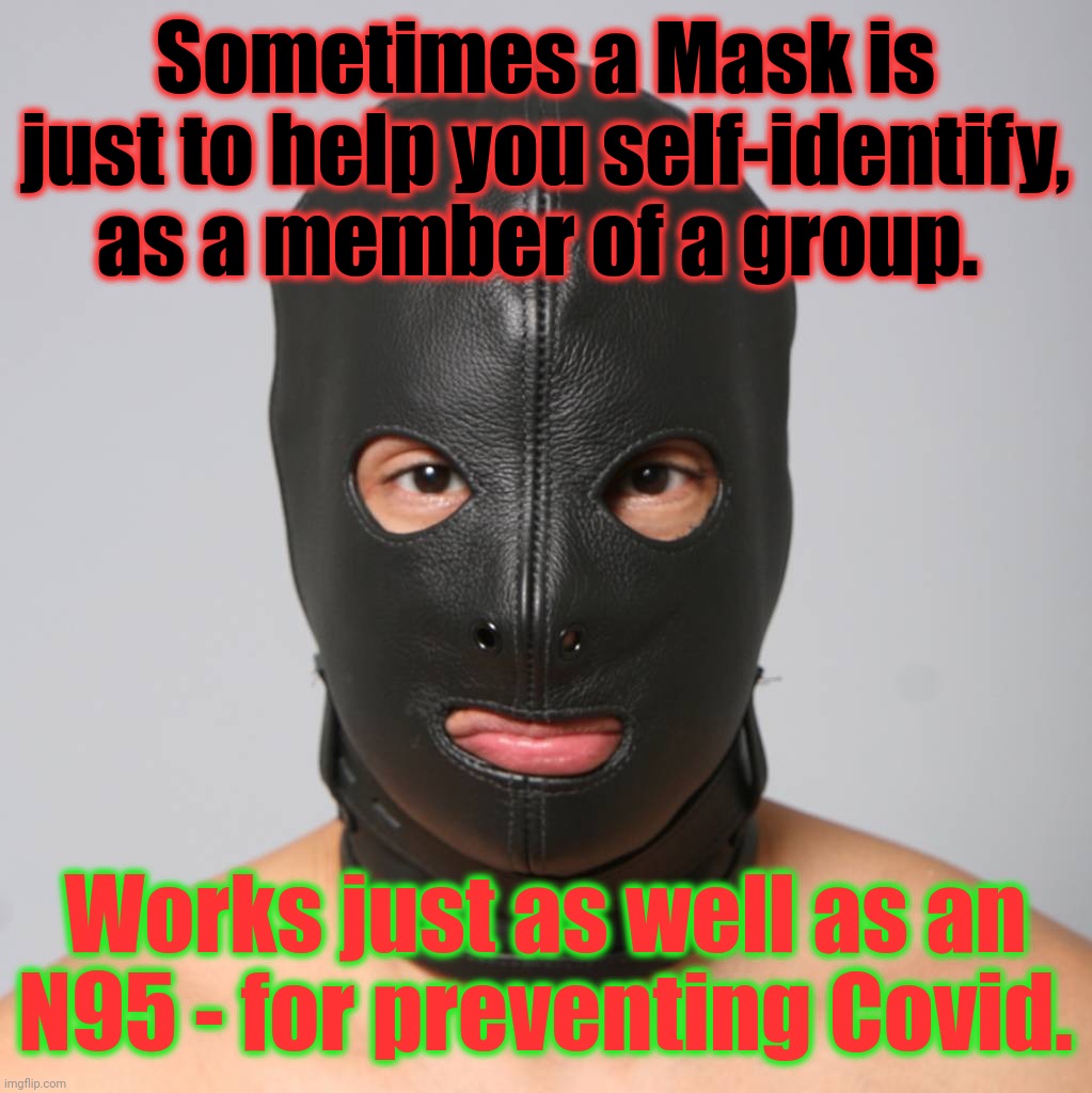 Sometimes a Mask is just to help you self-identify, as a member of a group. Works just as well as an N95 - for preventing Covid. | made w/ Imgflip meme maker