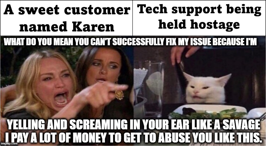 A Sweet Customer Named Karen | WHAT DO YOU MEAN YOU CAN'T SUCCESSFULLY FIX MY ISSUE BECAUSE I'M; YELLING AND SCREAMING IN YOUR EAR LIKE A SAVAGE I PAY A LOT OF MONEY TO GET TO ABUSE YOU LIKE THIS. | image tagged in omg karen,mega karen,super karen,tech support | made w/ Imgflip meme maker