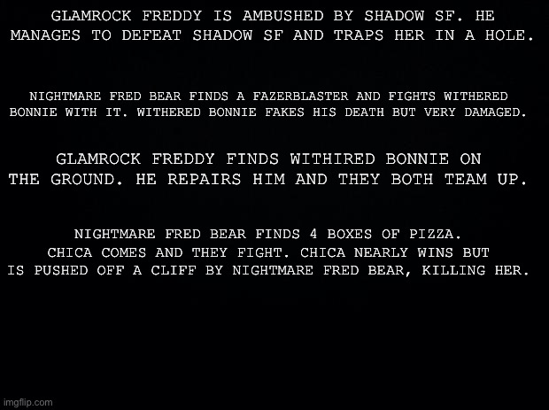 Black background | GLAMROCK FREDDY IS AMBUSHED BY SHADOW SF. HE MANAGES TO DEFEAT SHADOW SF AND TRAPS HER IN A HOLE. NIGHTMARE FRED BEAR FINDS A FAZERBLASTER A | image tagged in black background | made w/ Imgflip meme maker